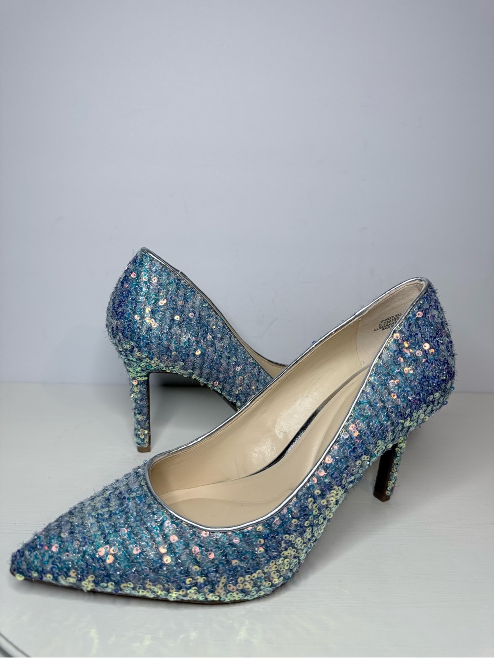 Jessica Simpson Blue Iridescent Tweed Sequin Pointed Toe Pumps Size 8.5 - Picture 13 of 13